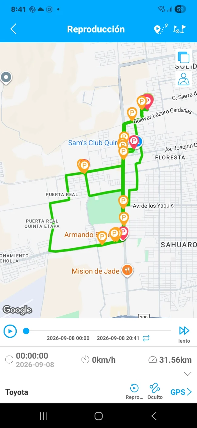 Aplicación móvil mostrando reproducción de ruta