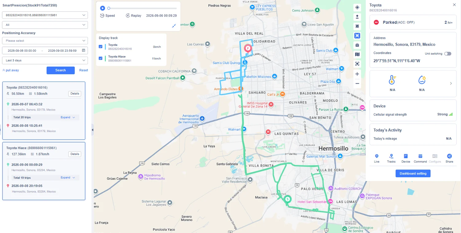 Plataforma web mostrando recorridos en Hermosillo